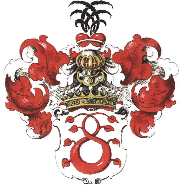wappen der familie von seckendorff mit einem roten lindenzweig in der form einer acht mit acht blättern
